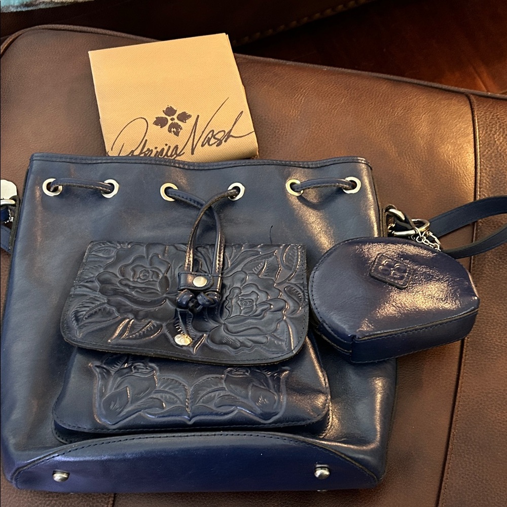 Patricia Nash Dark Blue Embossed Leather Shoulder Bag Set